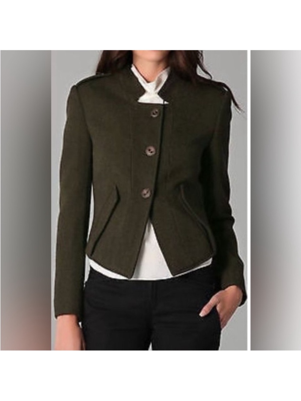 Theyskens’ Theory Green Wool Leather Trim Cropped Jacket Blazer Size 8